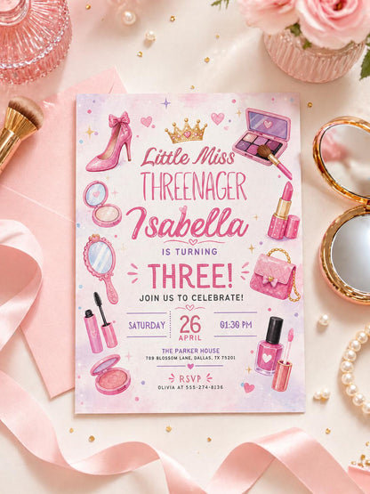 Fashion & Makeup Miss Threenager 3rd Birthday Invitation Card for — invitation you personalize in Canva