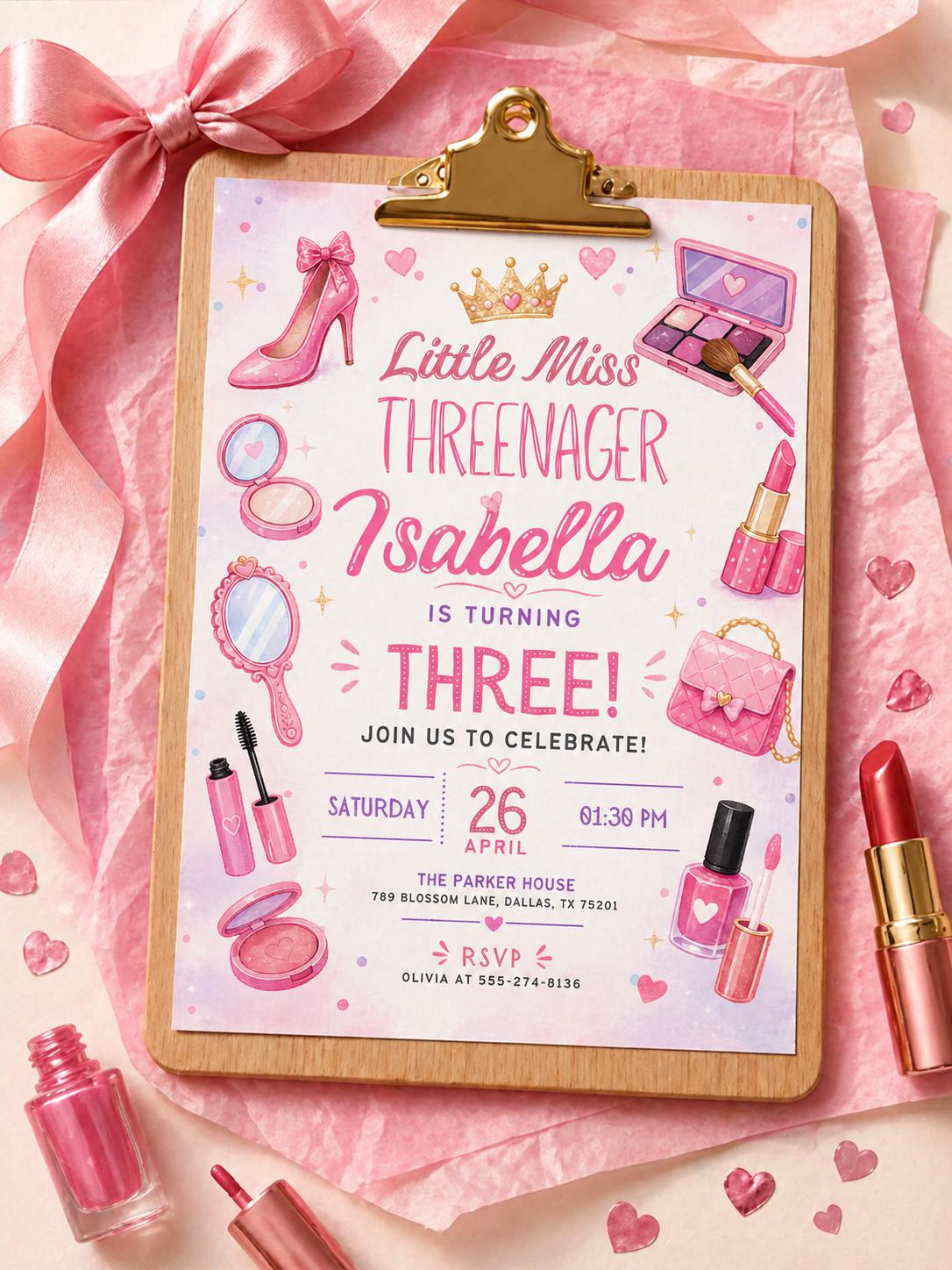 Fashion & Makeup Miss Threenager 3rd Birthday Invitation Card for — print-ready 3rd birthday party design from VoltBy