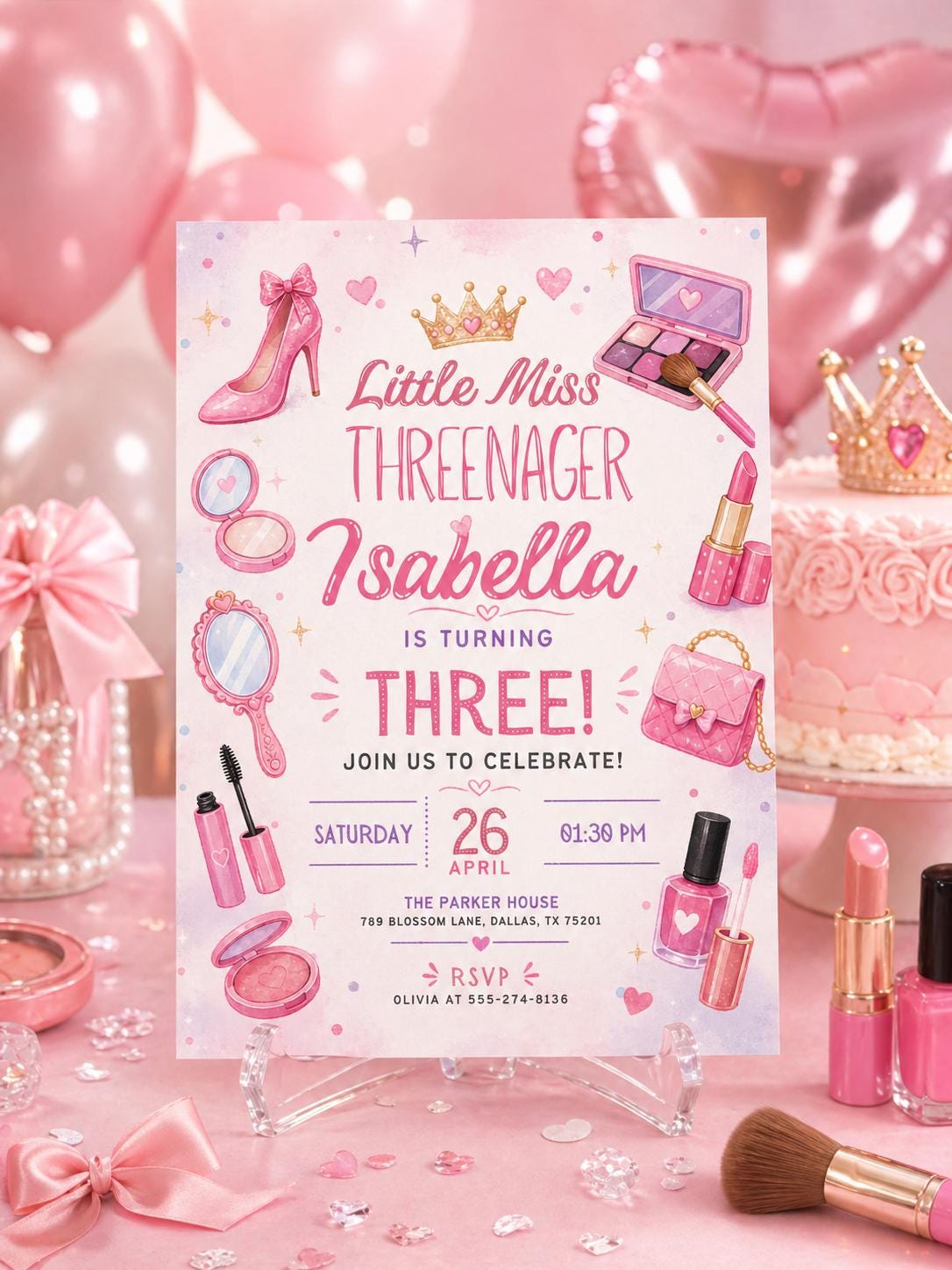 Fashion & Makeup Miss Threenager 3rd Birthday Invitation Card for — digital invitation, instant download