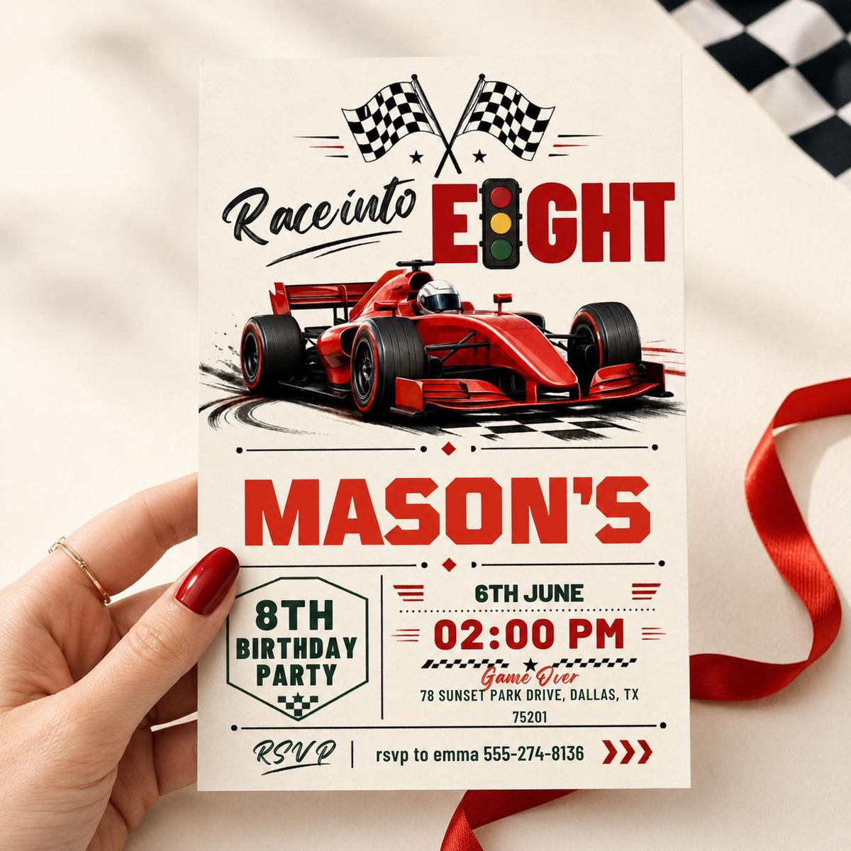 Fast Eight Race Car Birthday Invitation — design view 6