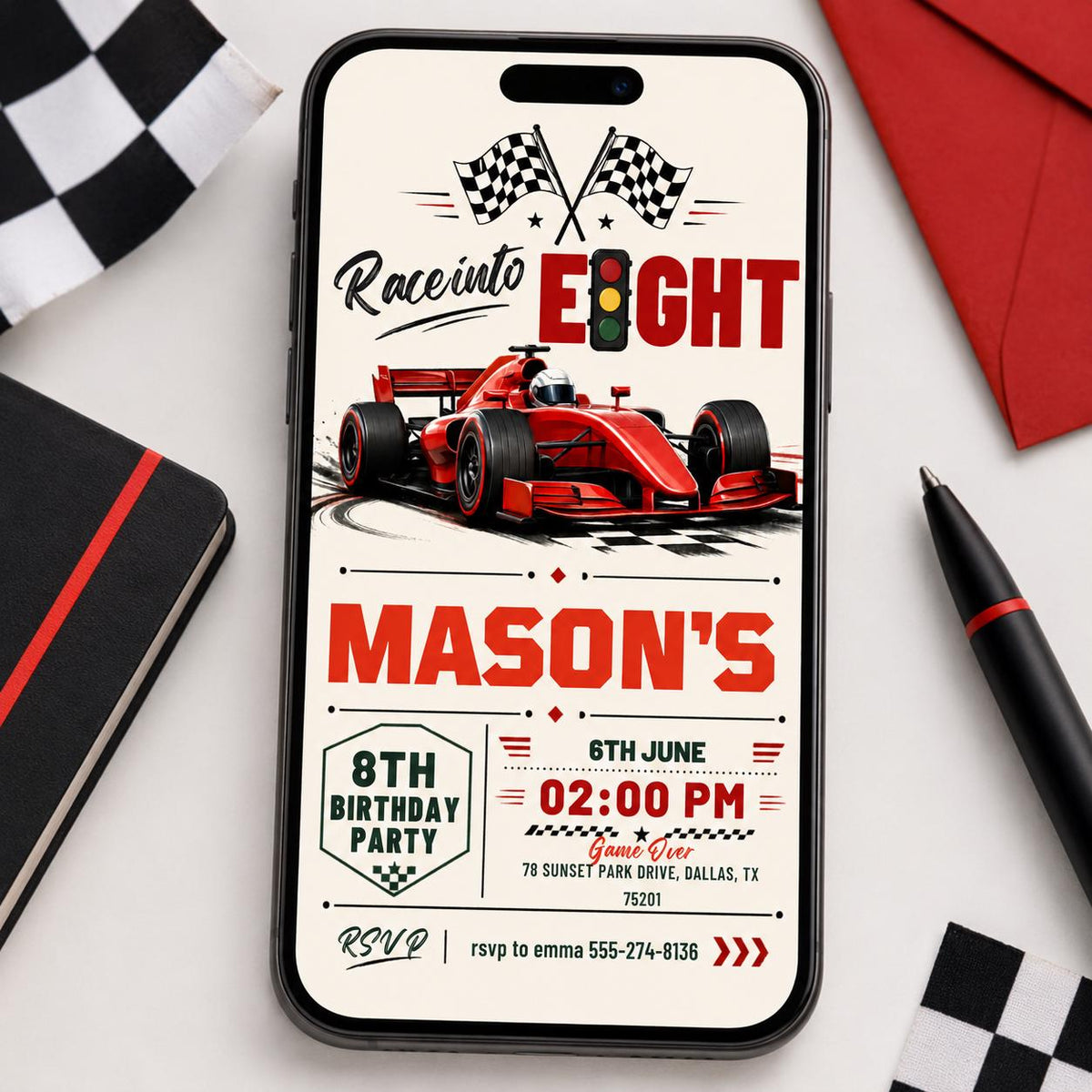 Fast Eight Race Car Birthday Invitation — design view 7