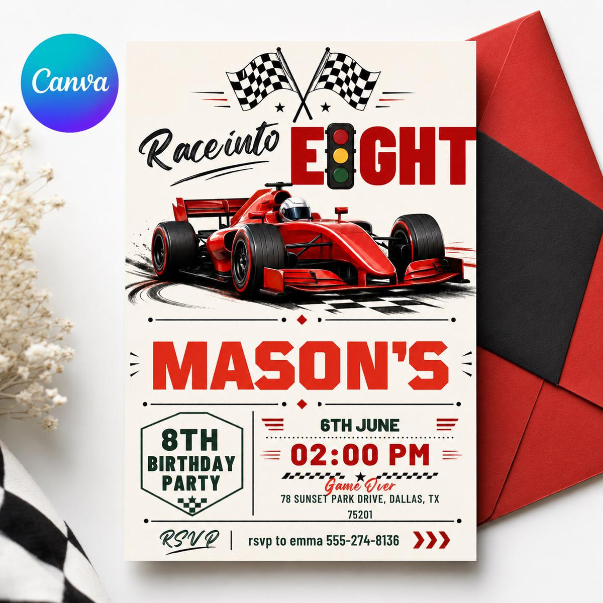 Fast Eight Race Car Birthday Invitation — design view 8