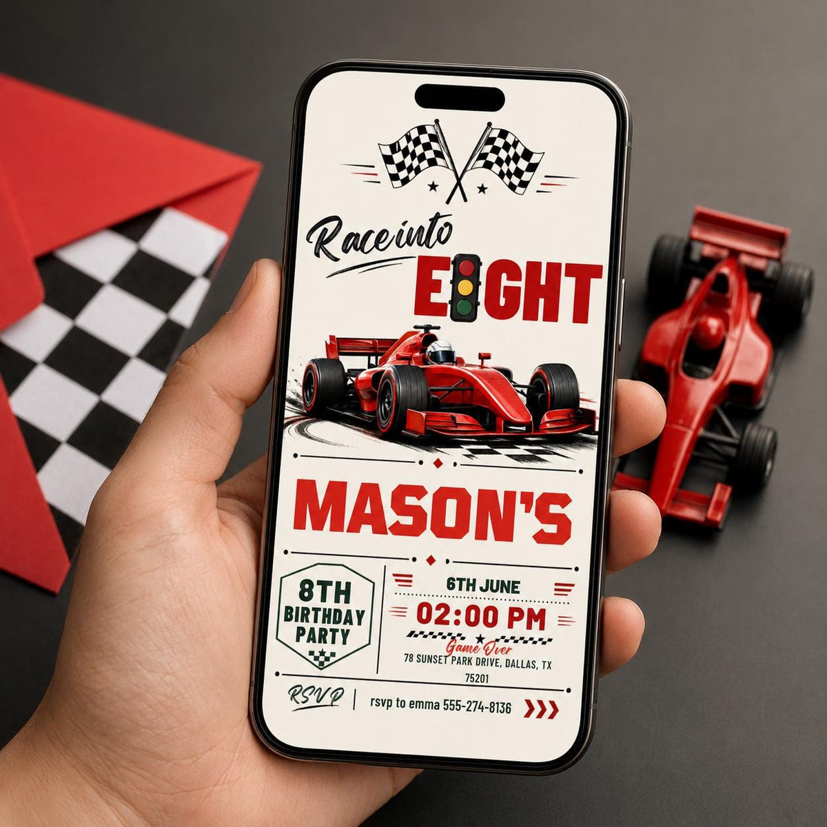 Fast Eight Race Car Birthday Invitation — design view 9