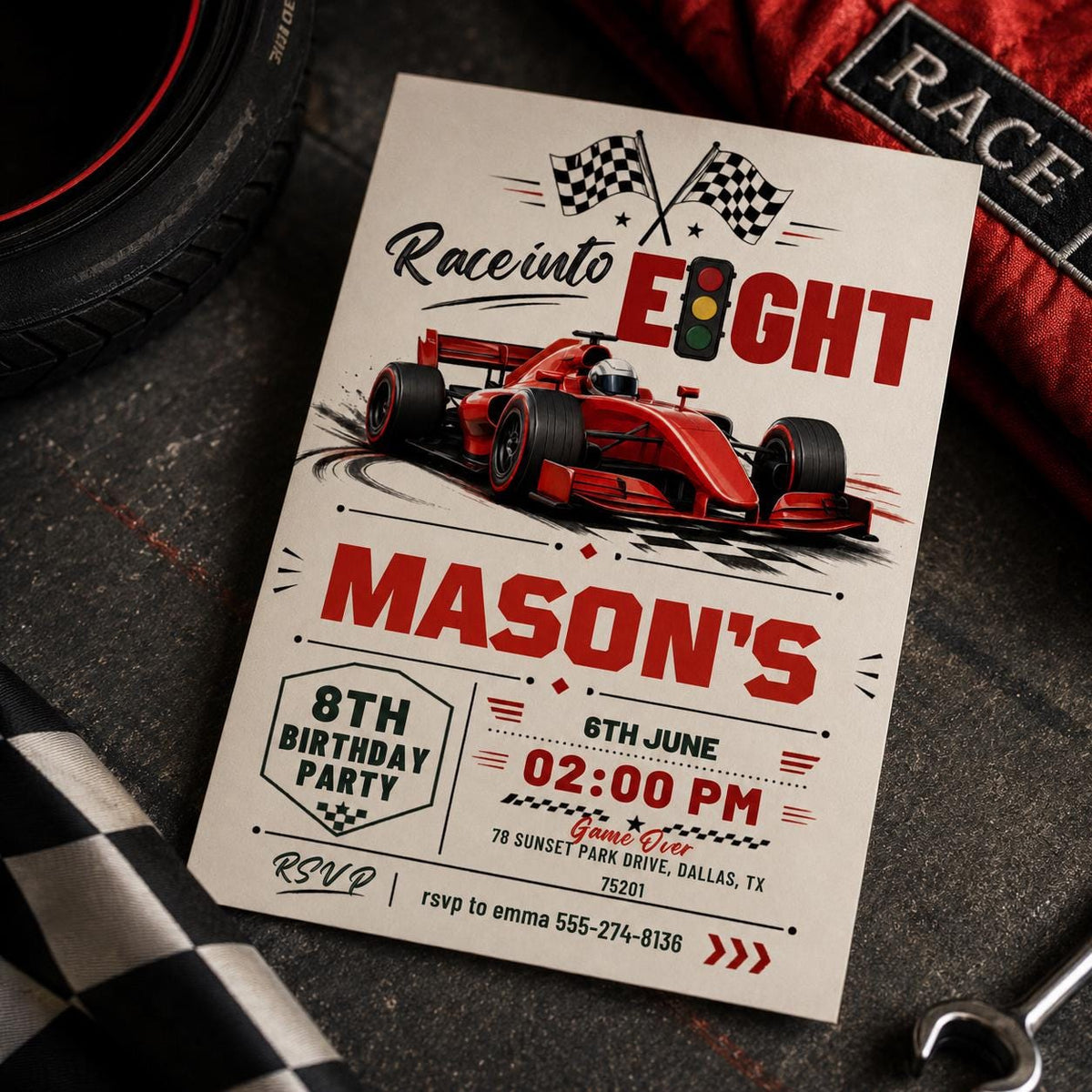 Fast Eight Race Car Birthday Invitation — design view 10