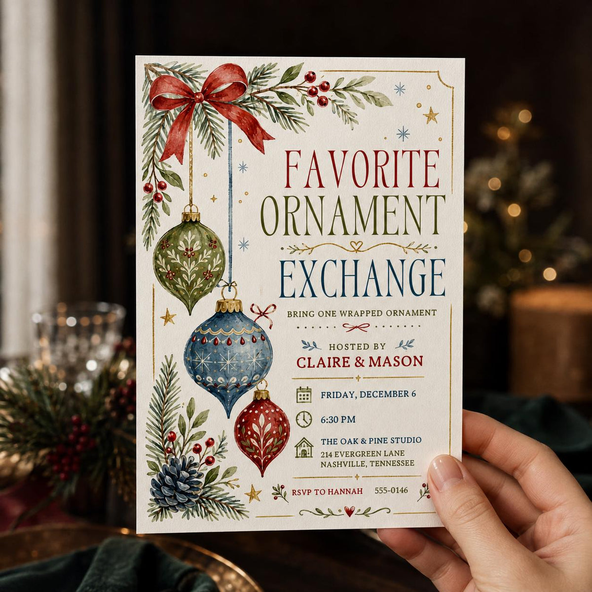 Favorite Ornament Exchange Invitation — print-ready Christmas celebration design from VoltBy