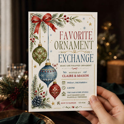 Favorite Ornament Exchange Invitation — print-ready Christmas celebration design from VoltBy