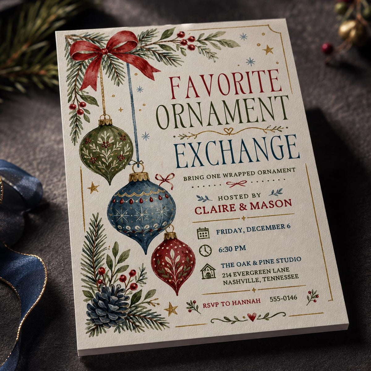 Favorite Ornament Exchange Invitation — Christmas celebration stationery by VoltBy