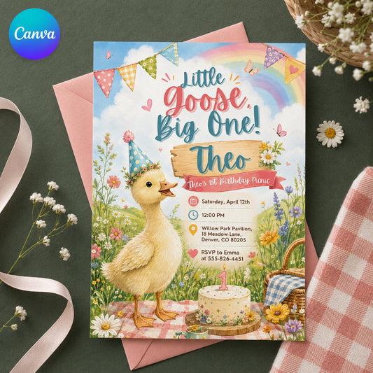Goose First Birthday Invitation – Little Goose Big One Picnic Party Invite for Boy or Girl
