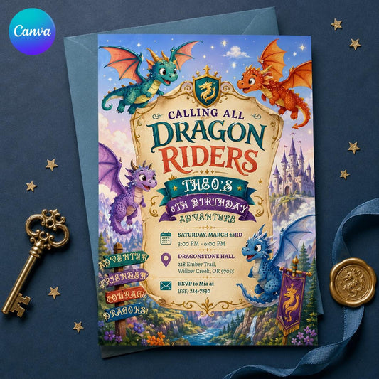 Dragon 6th Birthday Invitation – Calling All Dragon Riders Fantasy Castle Party