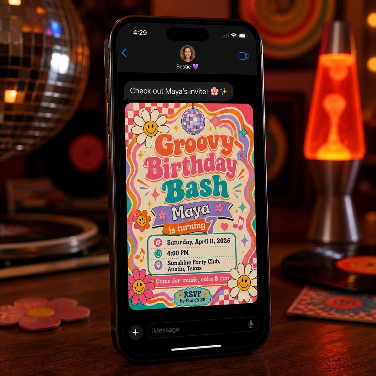 Groovy 7th Birthday Invitation – Retro Disco Girl Party