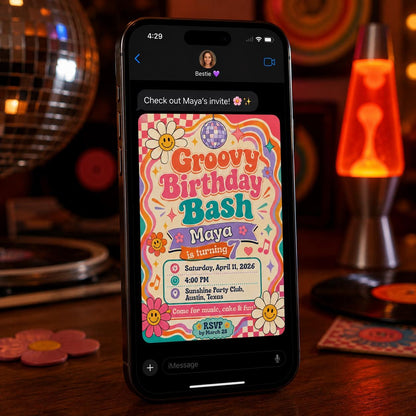 Groovy 7th Birthday Invitation – Retro Disco Girl Party