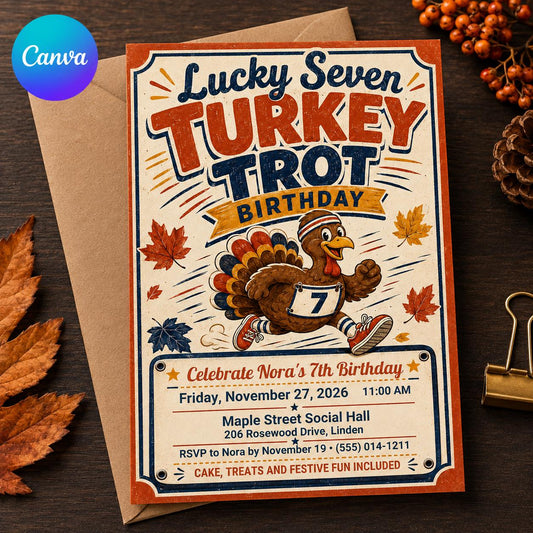 Turkey Trot 7th Birthday Invitation – Thanksgiving Kids Party – Lucky Seven Retro