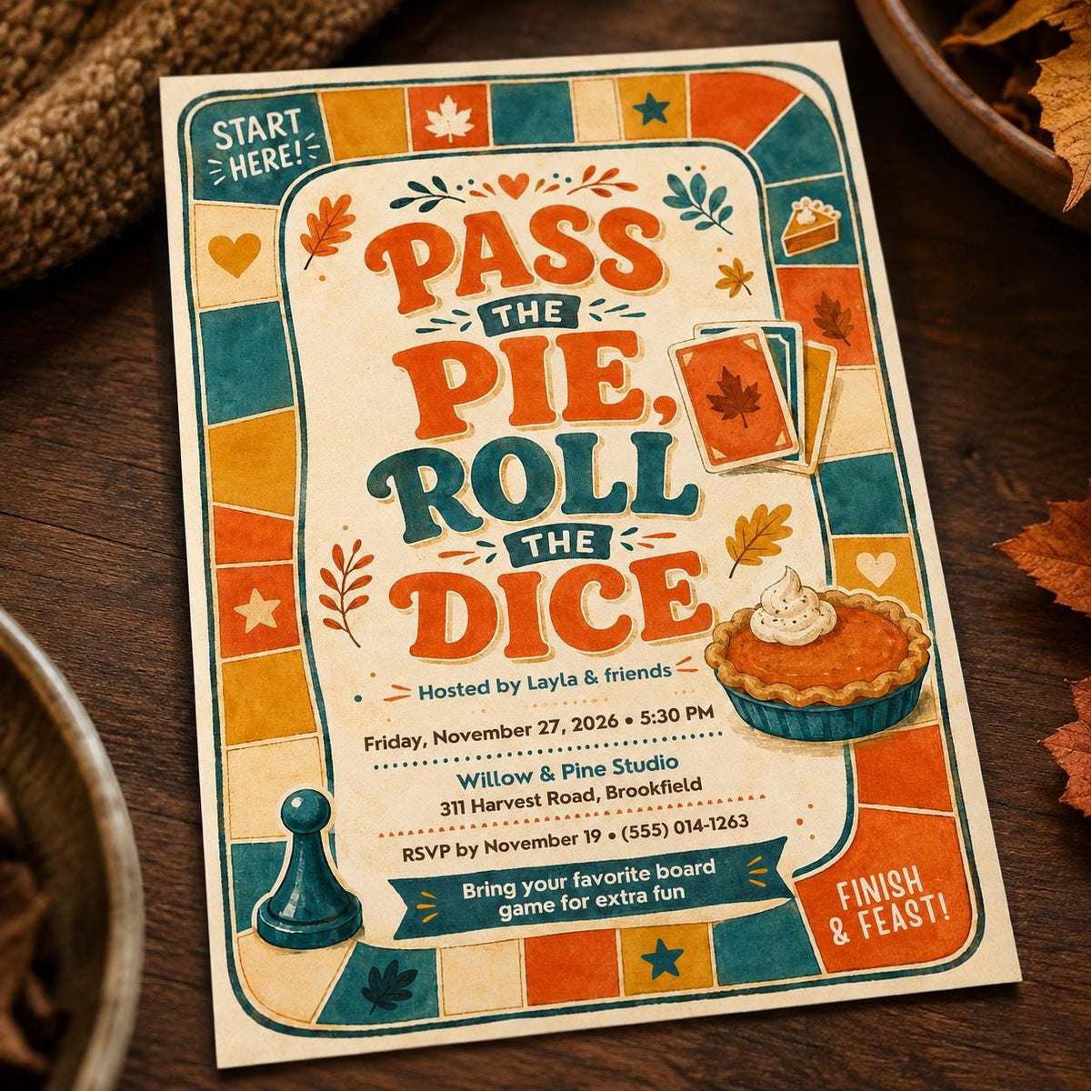 Friendsgiving Game Night Invitation, Pass the Pie Board Game Party, Retro Thanksgiving Editable Canva Template
