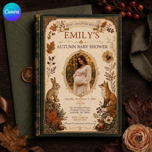 Vintage Rustic Fall Baby Shower Invitation: Autumn Woodland Photo Vintage Storybook — editable Canva template