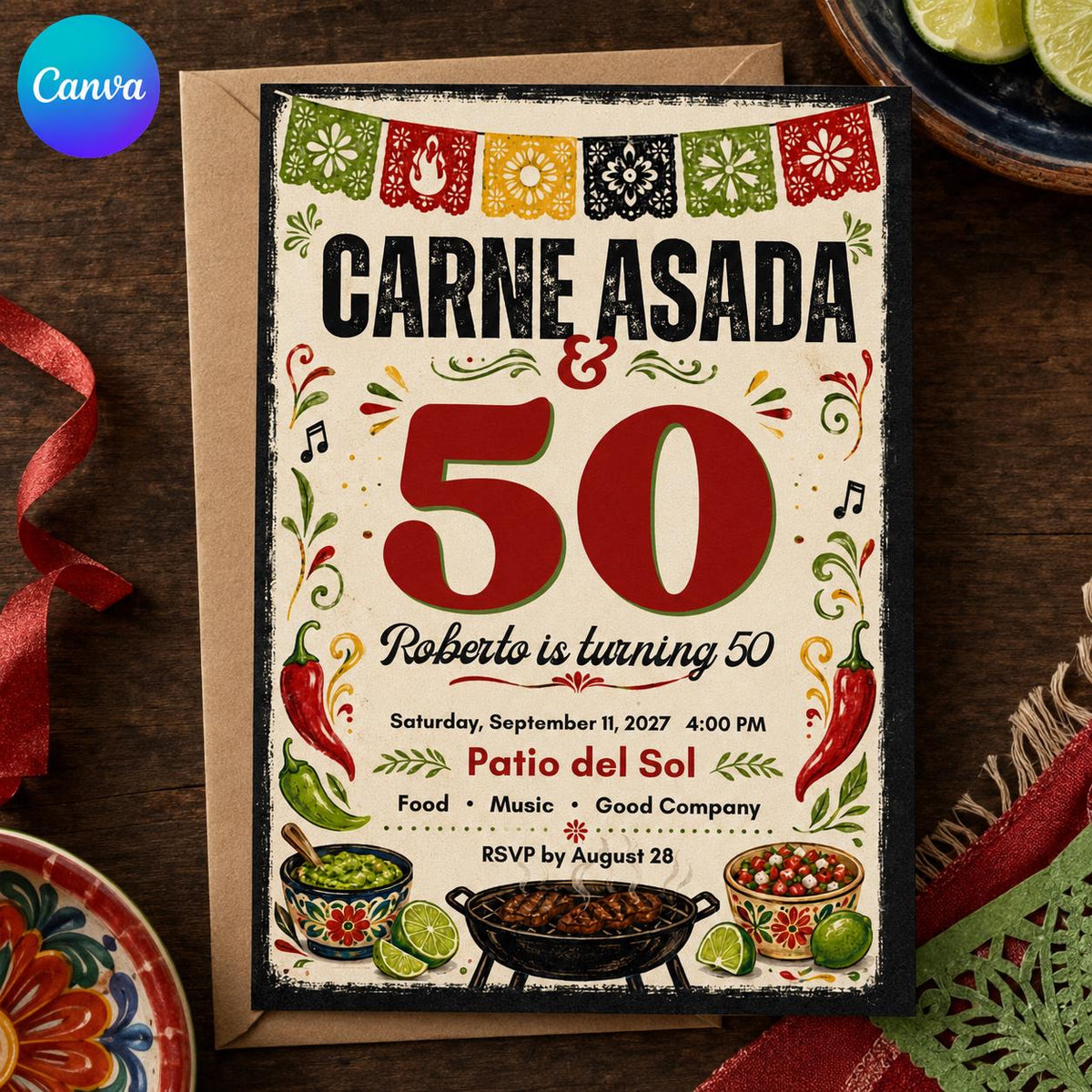 Fiesta Carne Asada 50th Birthday Invitation — editable Canva template