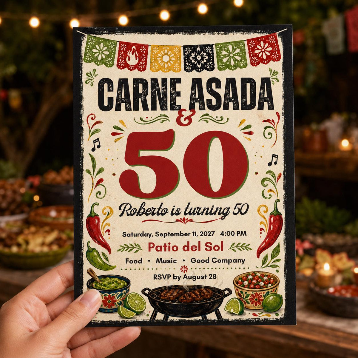 Fiesta Carne Asada 50th Birthday Invitation — invitation you personalize in Canva
