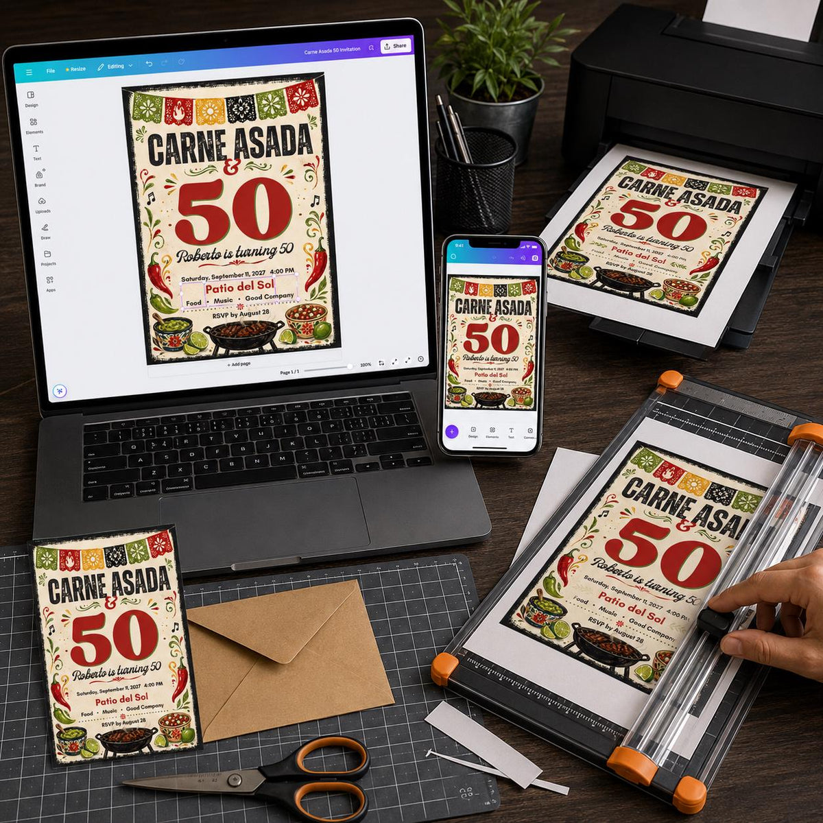 Fiesta Carne Asada 50th Birthday Invitation — print-ready 50th birthday party design from VoltBy