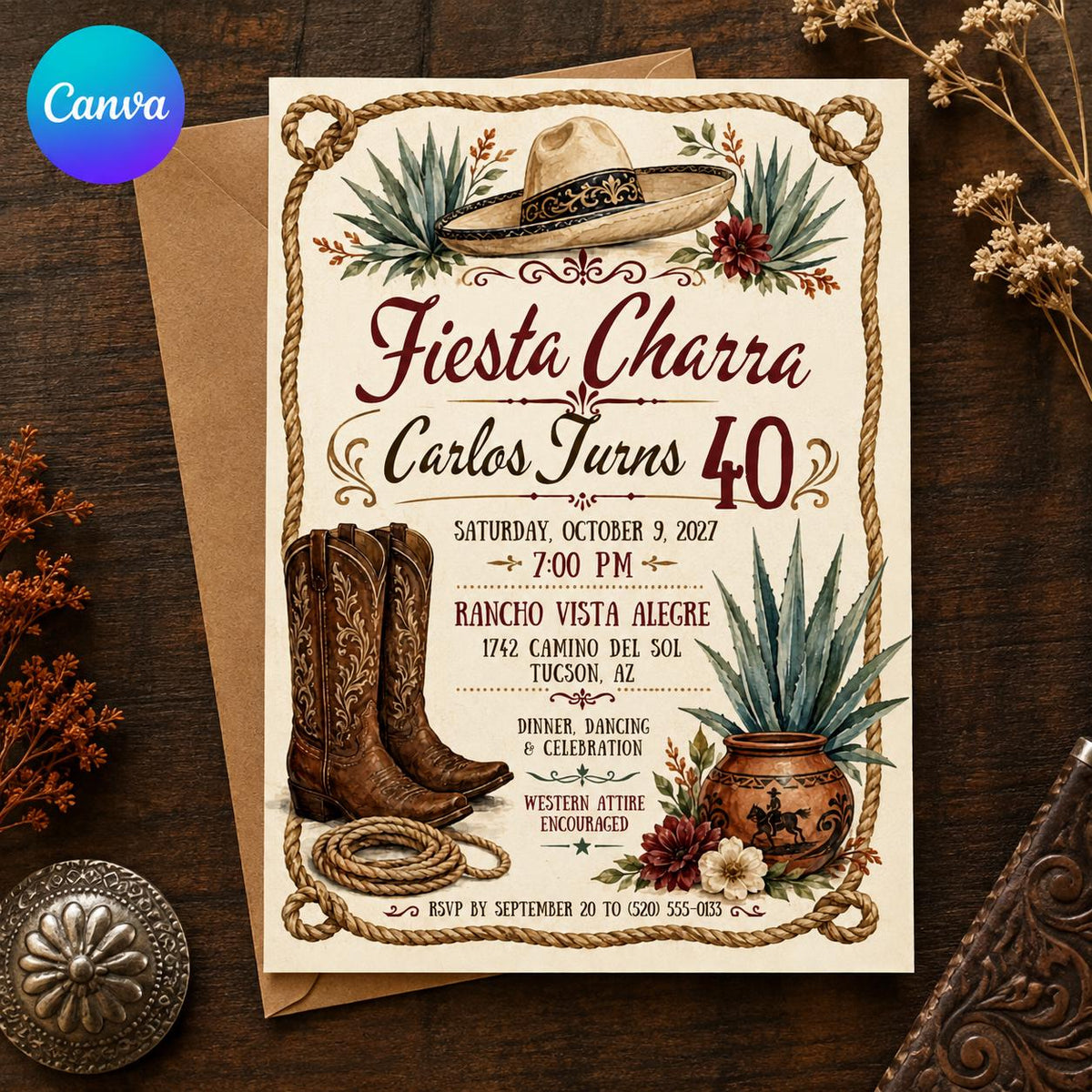 Fiesta Charra 40th Birthday Invitation — editable Canva template