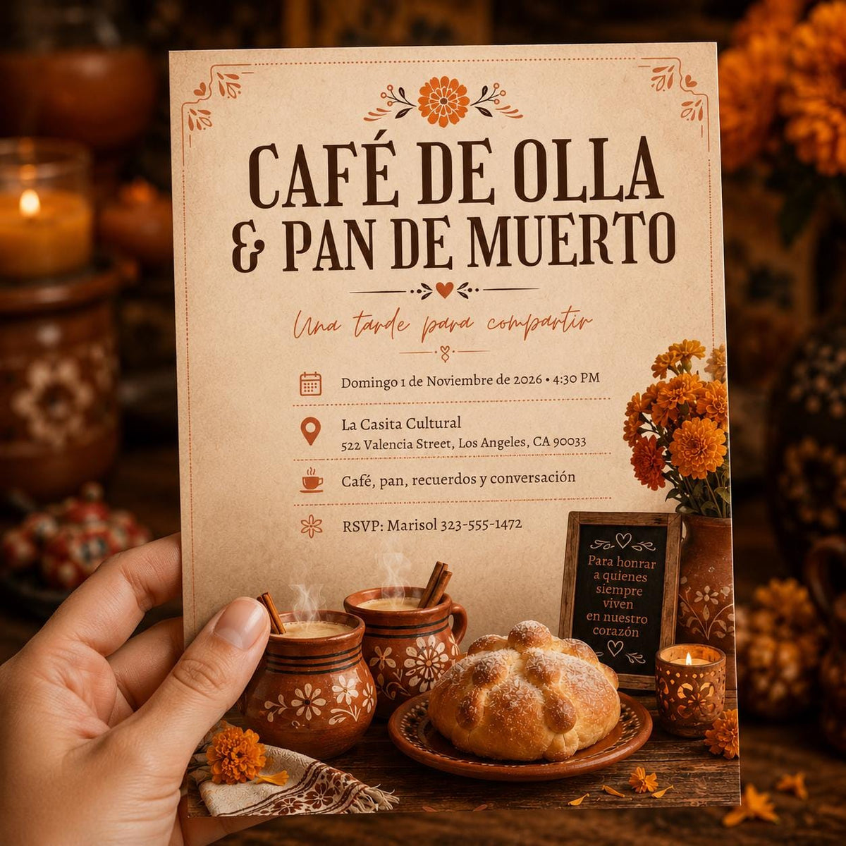 Fiesta Day of the Dead Invitation: Cafe de Olla Pan de Muerto Gathering — invitation you personalize in Canva