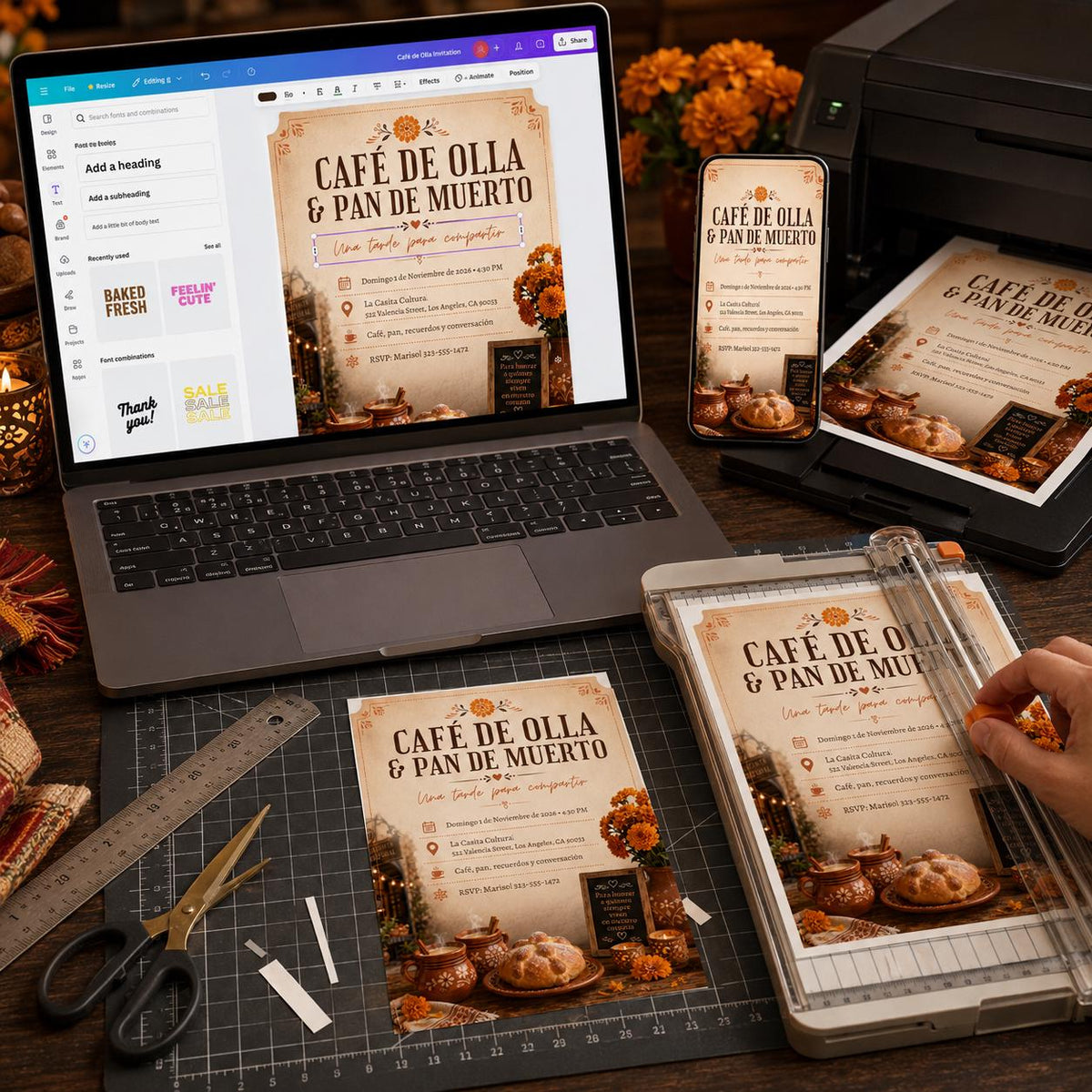 Fiesta Day of the Dead Invitation: Cafe de Olla Pan de Muerto Gathering — print-ready Día de los Muertos design from VoltBy