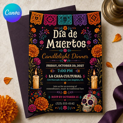 Fiesta Day of the Dead Invitation: Día de Muertos Candlelight Dinner — editable Canva template