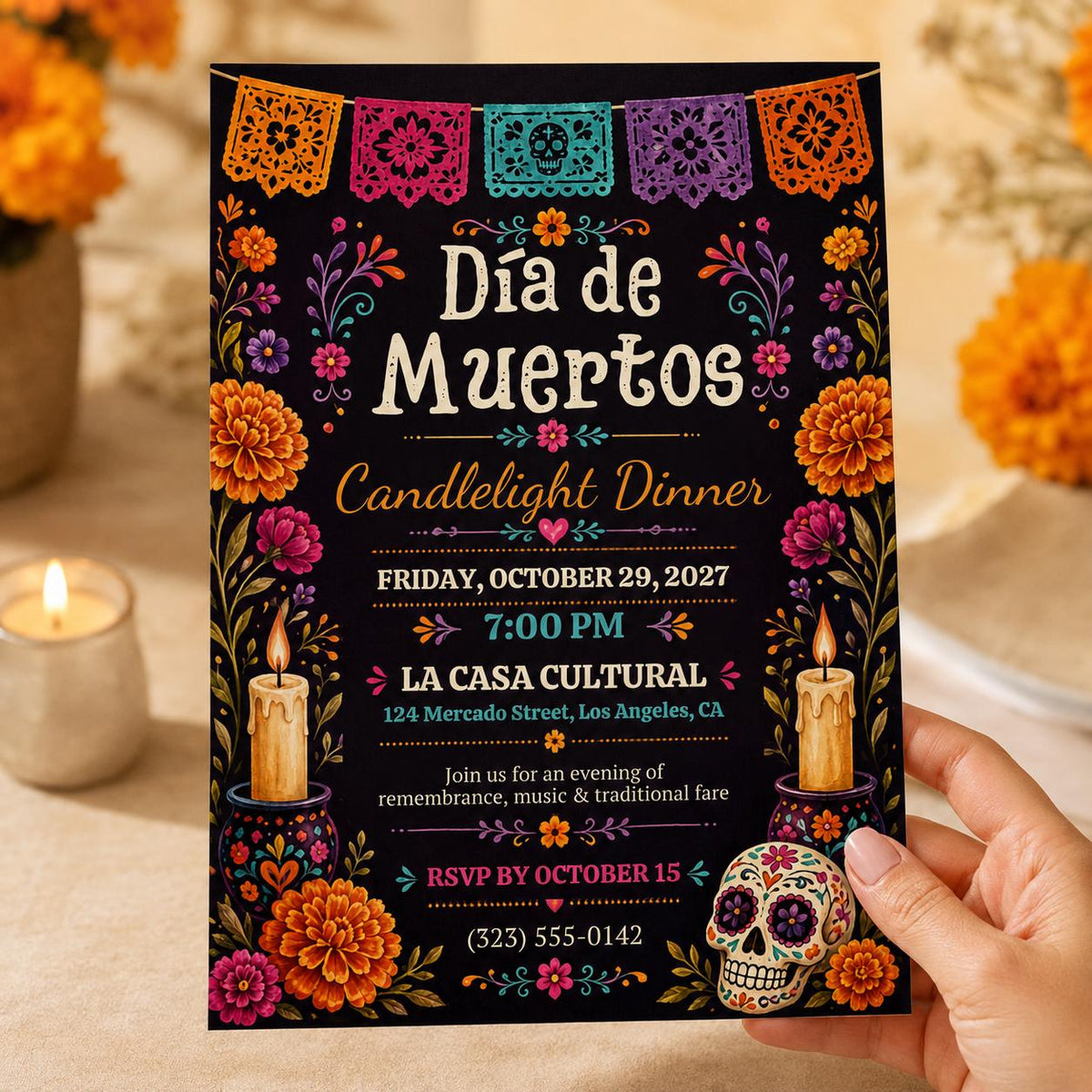 Fiesta Day of the Dead Invitation: Día de Muertos Candlelight Dinner — invitation you personalize in Canva