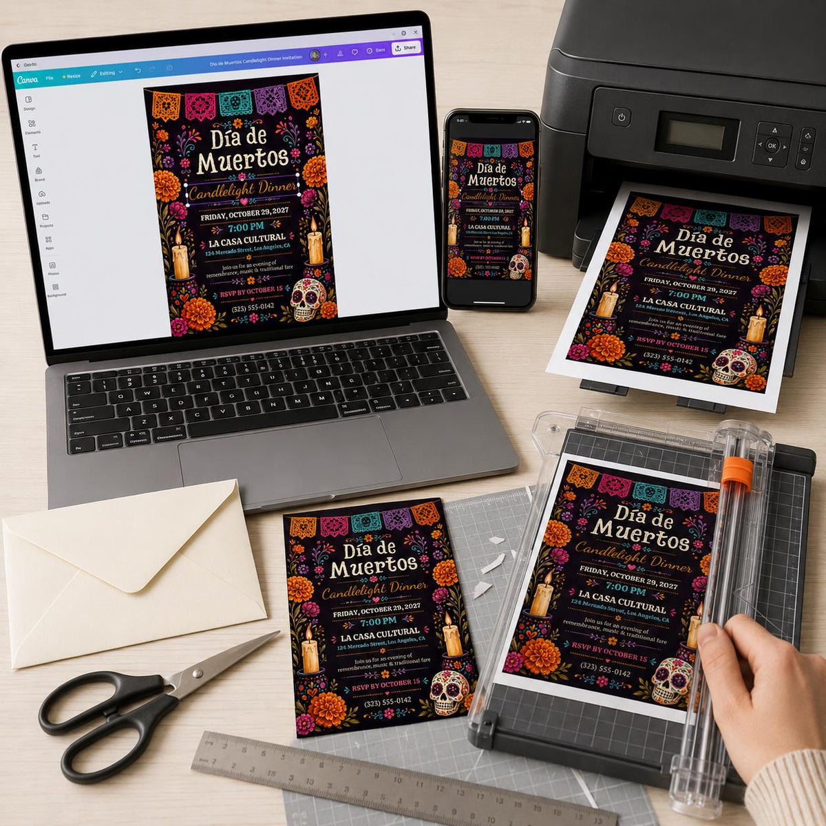 Fiesta Day of the Dead Invitation: Día de Muertos Candlelight Dinner — print-ready dinner party design from VoltBy