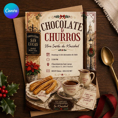 Fiesta Invitación Chocolate y Churros Navidad Invitation — editable Canva template