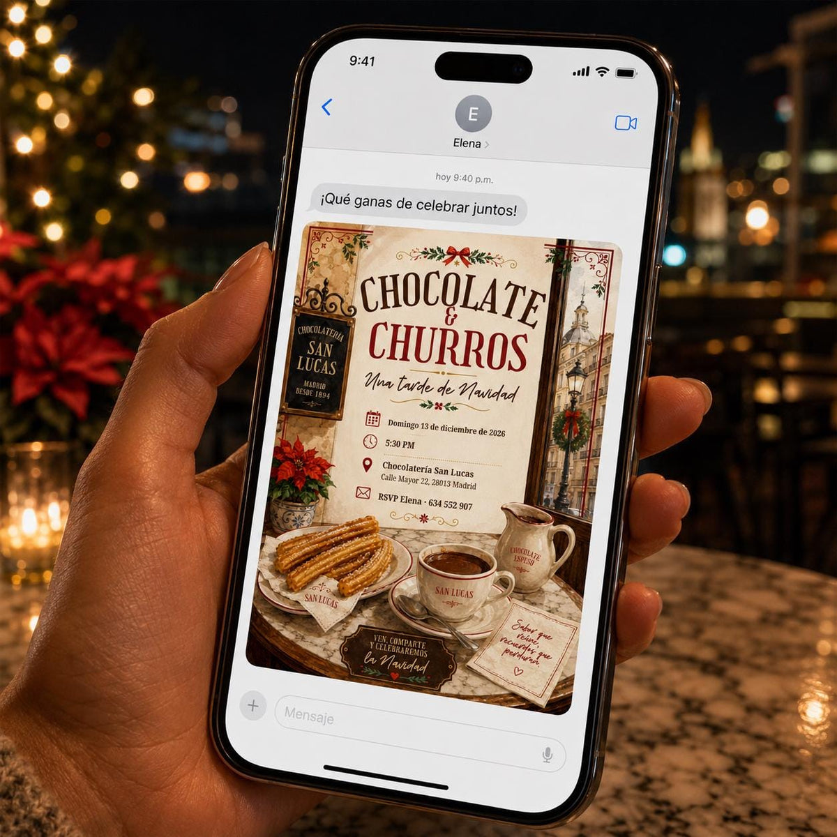 Fiesta Invitación Chocolate y Churros Navidad Invitation — invitation you personalize in Canva