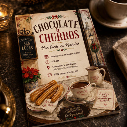 Fiesta Invitación Chocolate y Churros Navidad Invitation — Christmas celebration stationery by VoltBy