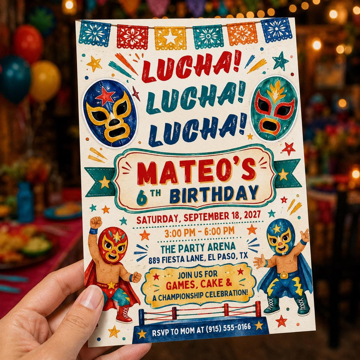 Fiesta Lucha Libre 6th Birthday Invitation — print-ready 6th birthday party design from VoltBy