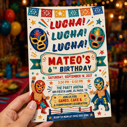 Fiesta Lucha Libre 6th Birthday Invitation — print-ready 6th birthday party design from VoltBy