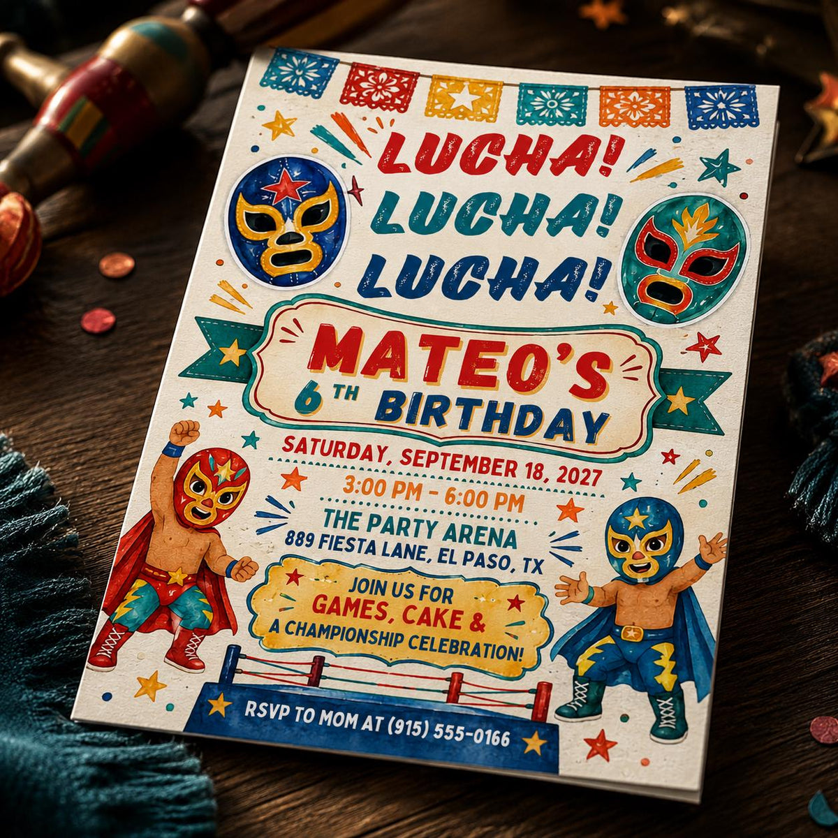 Fiesta Lucha Libre 6th Birthday Invitation — 6th birthday party stationery by VoltBy