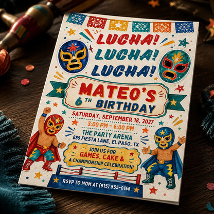 Fiesta Lucha Libre 6th Birthday Invitation — 6th birthday party stationery by VoltBy