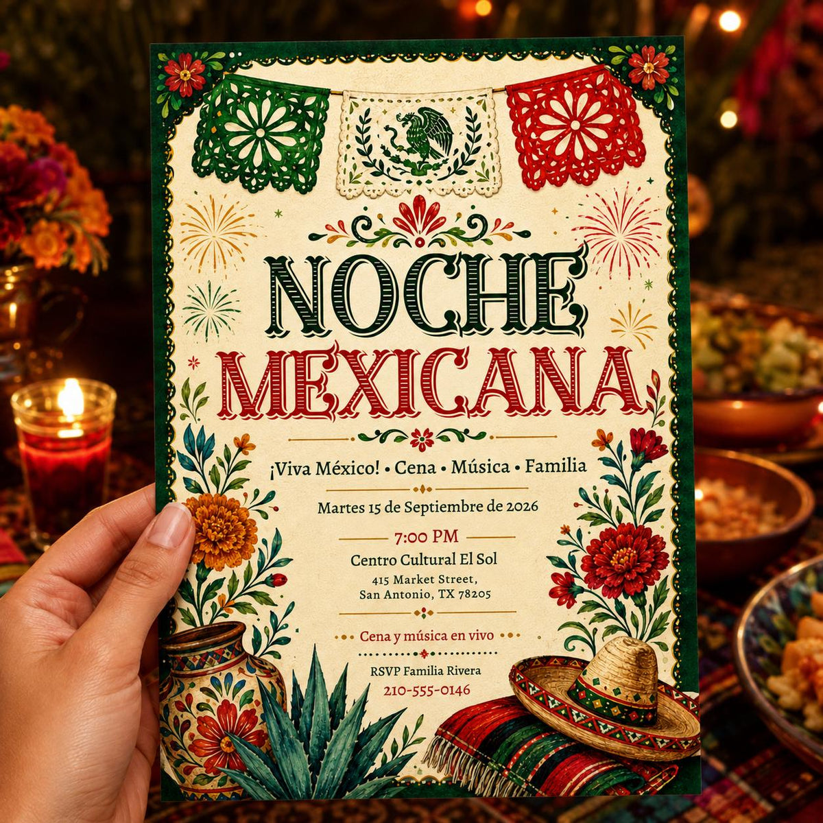 Fiesta Mexican Independence Day Invitation: Noche Mexicana Fiesta — print-ready mexican independence day design from VoltBy