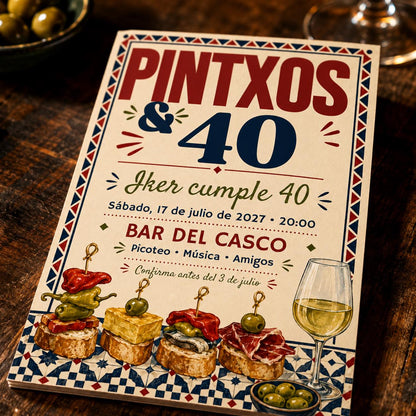 Fiesta Pintxos 40 Cumpleaños Invitación Invitation — 40th birthday party stationery by VoltBy