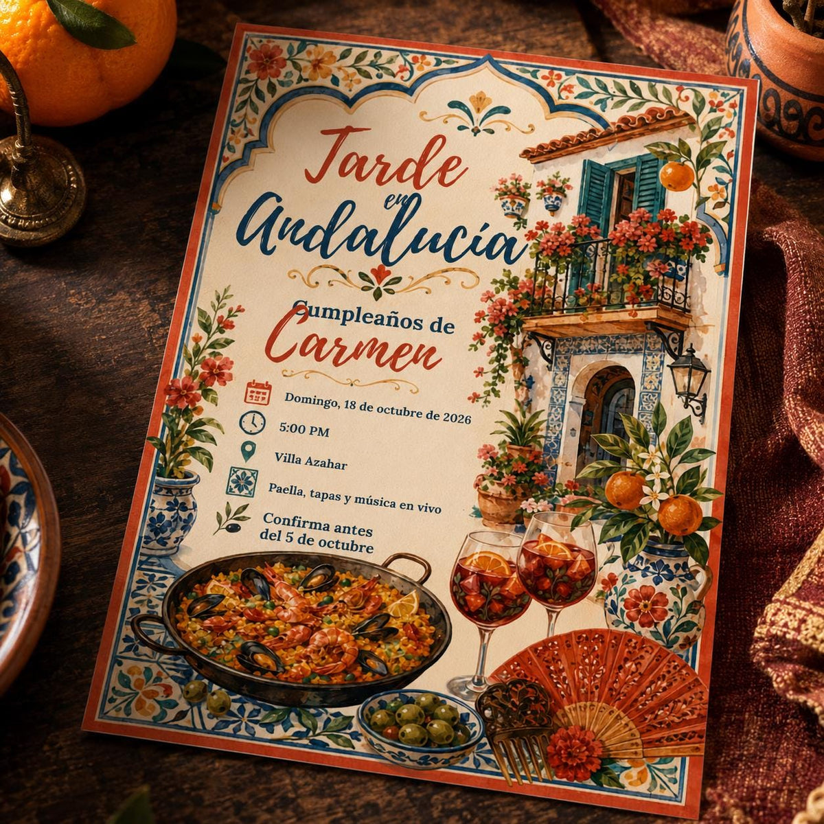 Fiesta Spanish Birthday Invitation: Andalusia Paella and Sangria Fiesta — invitation you personalize in Canva
