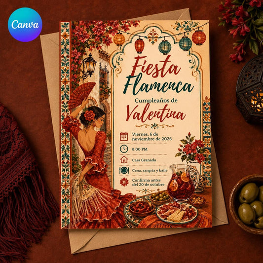 Fiesta Spanish Birthday Invitation: Flamenco Fiesta Sangria Tapas Party in Spanish — editable Canva template