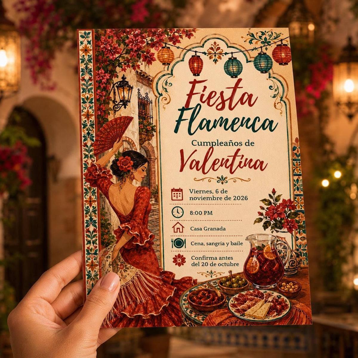 Fiesta Spanish Birthday Invitation: Flamenco Fiesta Sangria Tapas Party in Spanish — invitation you personalize in Canva
