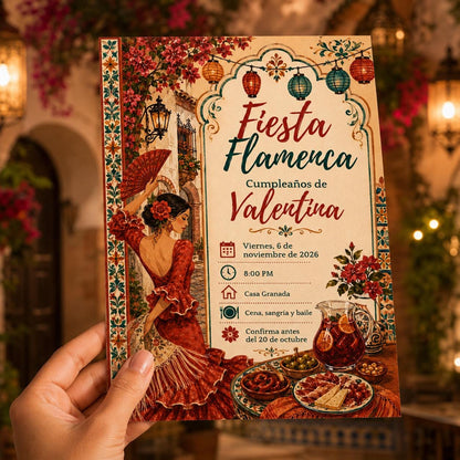 Fiesta Spanish Birthday Invitation: Flamenco Fiesta Sangria Tapas Party in Spanish — invitation you personalize in Canva