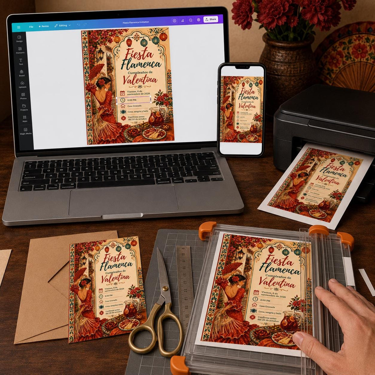 Fiesta Spanish Birthday Invitation: Flamenco Fiesta Sangria Tapas Party in Spanish — print-ready birthday party design