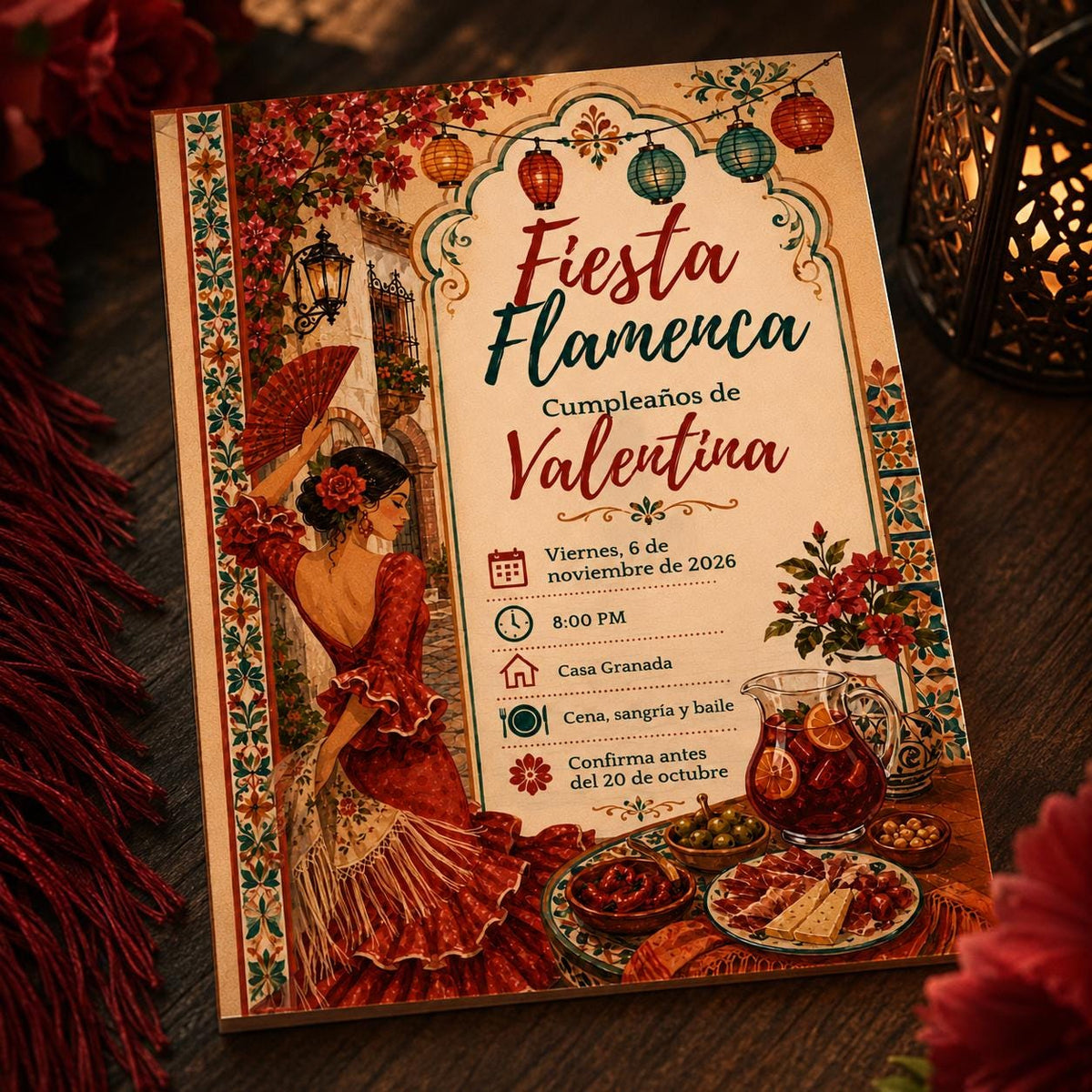 Fiesta Spanish Birthday Invitation: Flamenco Fiesta Sangria Tapas Party in Spanish — digital invitation, instant download
