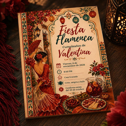 Fiesta Spanish Birthday Invitation: Flamenco Fiesta Sangria Tapas Party in Spanish — digital invitation, instant download