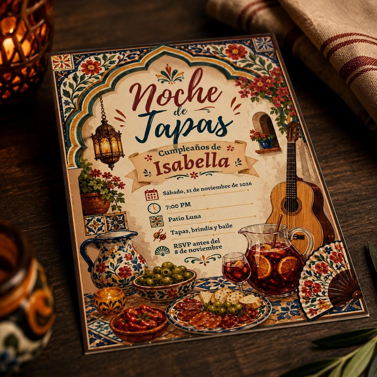 Fiesta Spanish Birthday Invitation: Noche de Tapas and Sangria Fiesta — print-ready birthday party design from VoltBy
