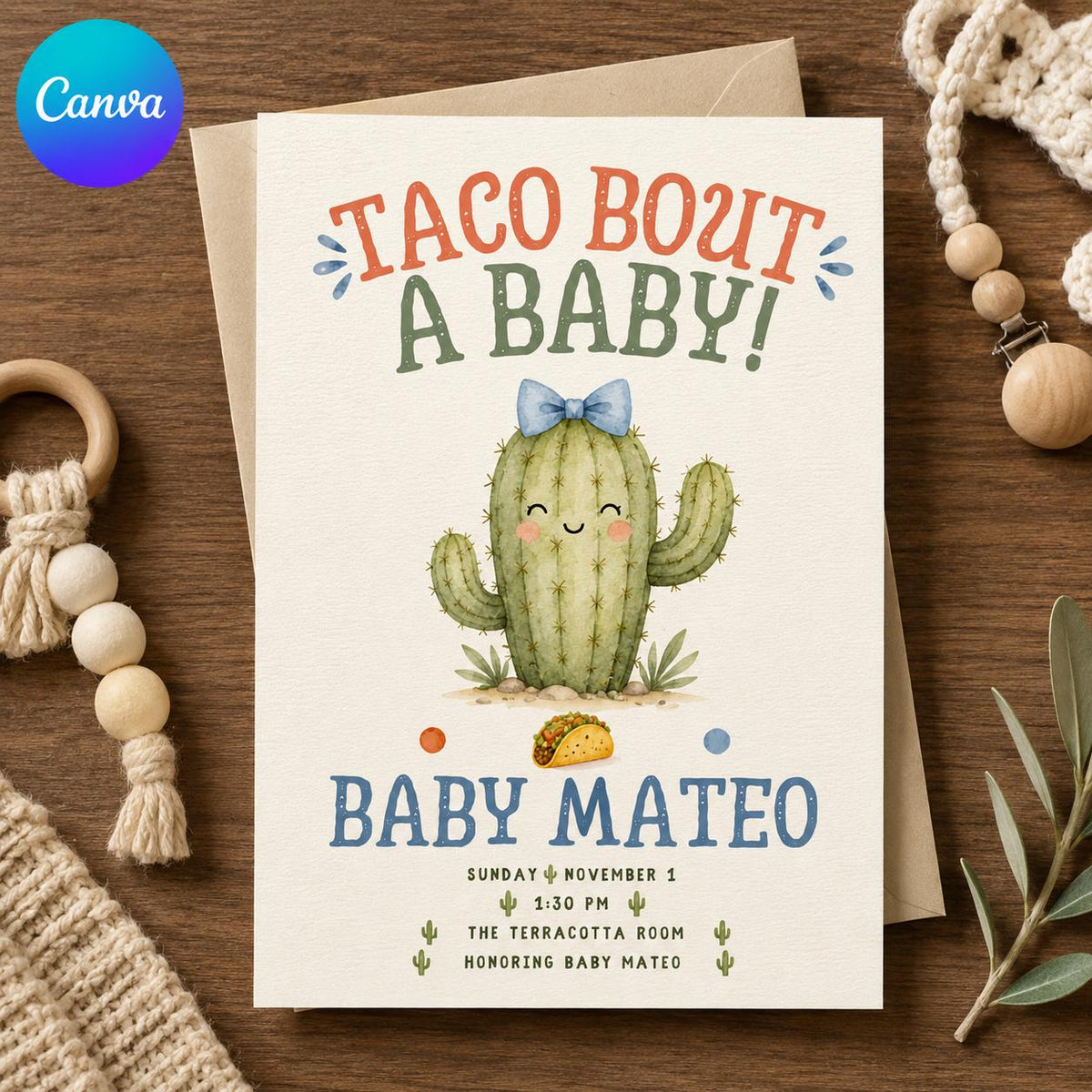 Fiesta Taco Bout a Baby Shower Invitation — editable Canva template