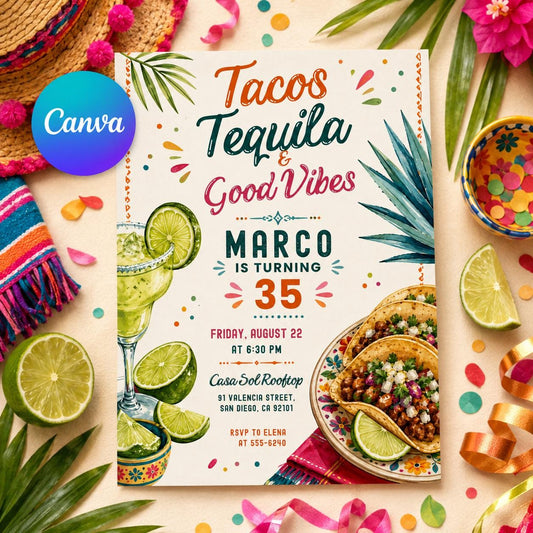 Fiesta Tacos And Tequila Birthday Invitation — editable Canva template