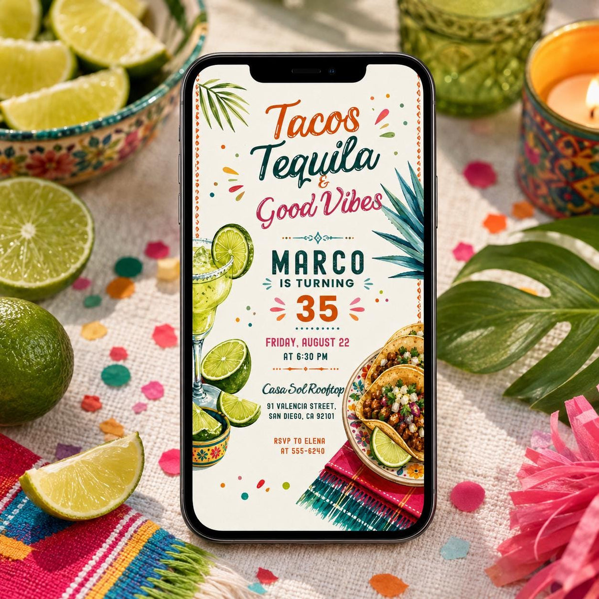Fiesta Tacos And Tequila Birthday Invitation — print-ready birthday party design from VoltBy
