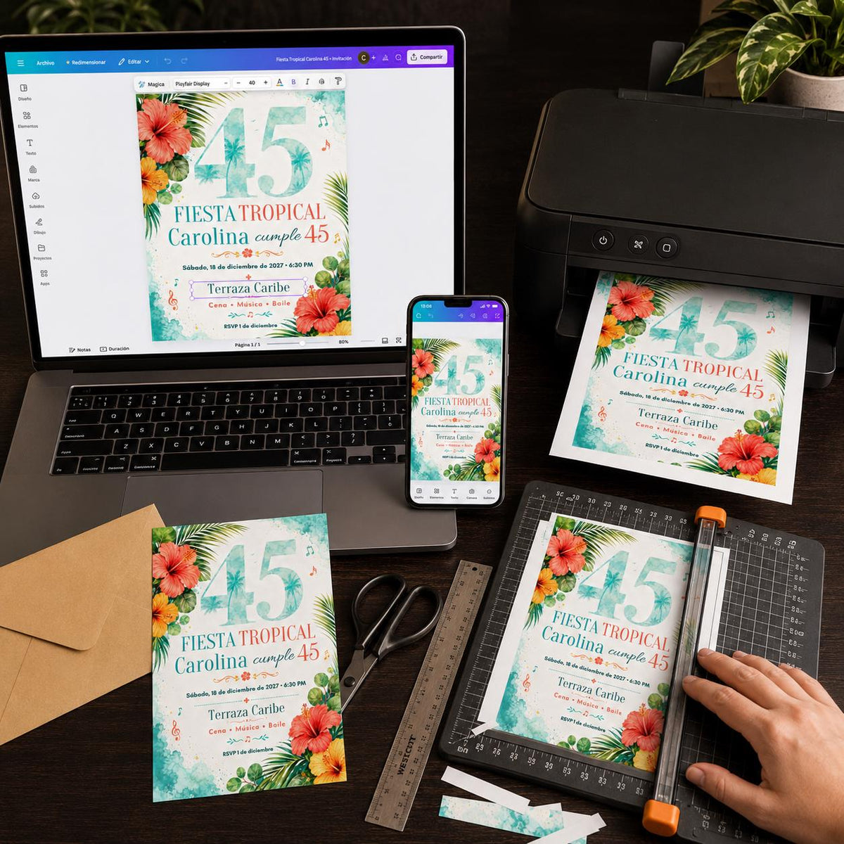 Fiesta Tropical 45 Cumpleaños Invitación Invitation — print-ready 45th birthday party design from VoltBy
