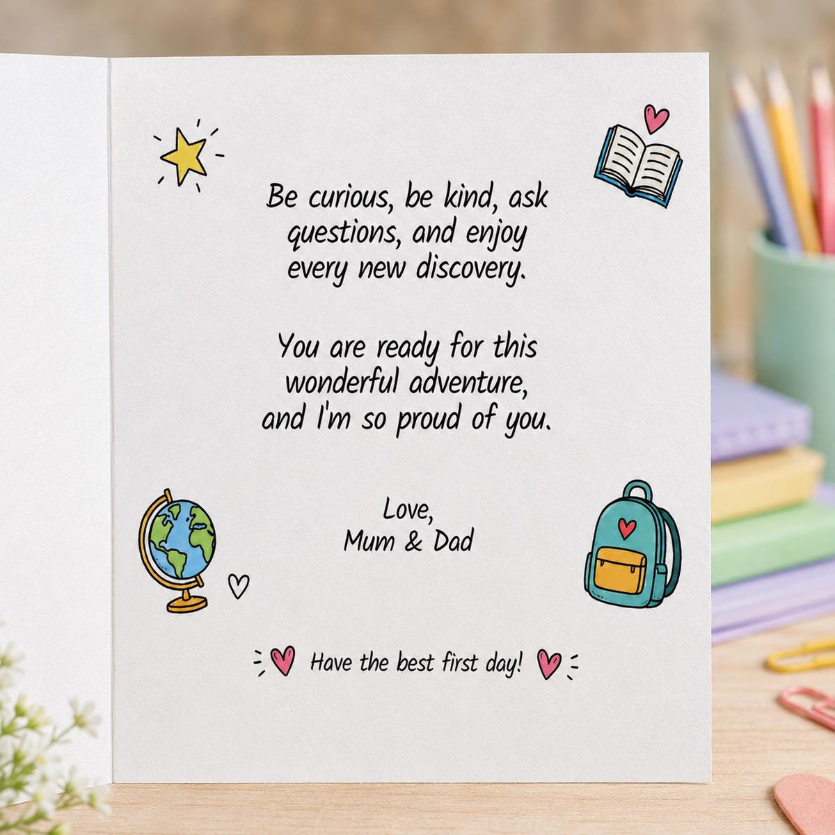 First Day of School Greeting Card — print-ready back-to-school event design from VoltBy