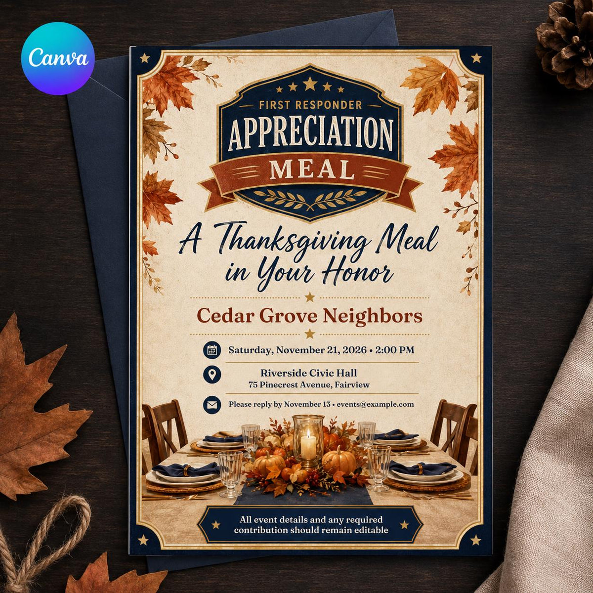 First Responder Appreciation Dinner Invitation — editable Canva template